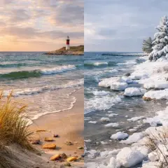 Polskie morze o każdej porze roku: letnie wakacje z leżakiem i kajakiem, jesień z latarnią, zima ze śniegiem i wiosna z drewnianymi schodkami.