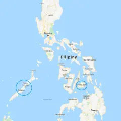 Mapa pokazuje, gdzie są Filipiny, z zaznaczonymi miastami jak Manila, Cebu i wyspami Palawan i Bohol.