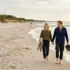 Para, gdzie na majówkę? Spacer po plaży, trzymając się za ręce, z butami w dłoniach.