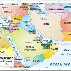 Mapa Bliskiego Wschodu pokazuje, gdzie leży Izrael, między Jordanią, Syrią, Egiptem i Morzem Śródziemnym.