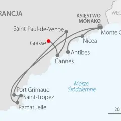 Mapa Lazurowego Wybrzeża: wycieczka objazdowa samolotem obejmuje Niceę, Cannes, Saint-Tropez i Monako.