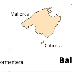 Baleary: jakie wyspy? Mapa pokazuje Majorkę, Minorkę, Ibizę, Formenterę i Cabrerę.