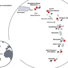 Mapa pokazuje, gdzie leżą Karaiby, zaznaczając bazy czarterowe na wyspach takich jak Saint Martin, Gwadelupa i Grenada.