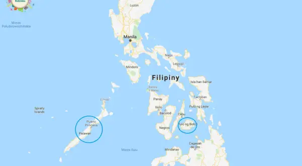 Mapa pokazuje, gdzie są Filipiny, z zaznaczonymi miastami jak Manila, Cebu i wyspami Palawan i Bohol.