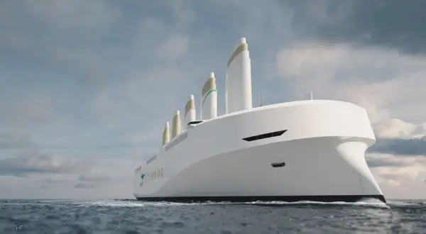Nowoczesny transatlantyk Oceanbird z pięcioma białymi żaglami, płynący po wzburzonym morzu pod pochmurnym niebem.