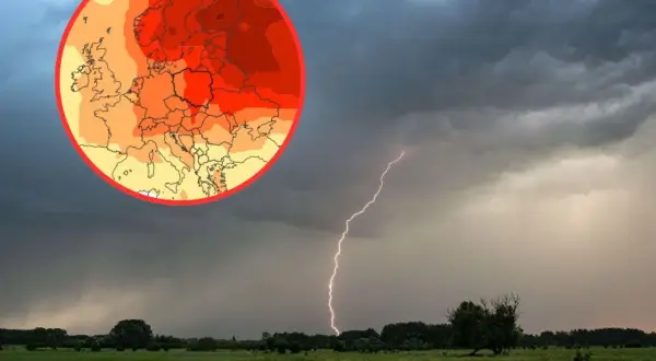 Mapa Europy z prognozą pogody na luty i marzec na tle burzowego nieba z piorunem.