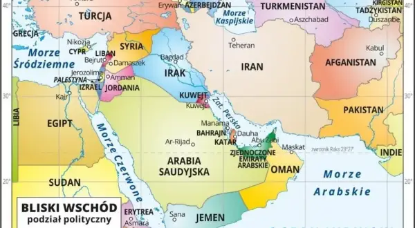 Mapa Bliskiego Wschodu pokazuje, gdzie leży Izrael, między Jordanią, Syrią, Egiptem i Morzem Śródziemnym.