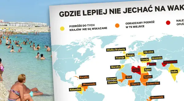 Mapa świata z zaznaczonymi krajami, gdzie lepiej nie jechać na wakacje w lipcu. Tłum ludzi na plaży.