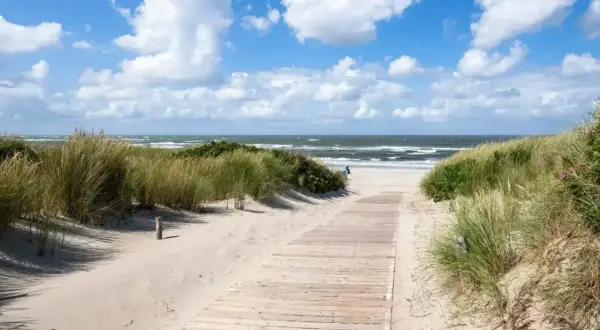 Ścieżka przez wydmy prowadzi na piaszczystą plażę. Idealne miejsce, gdzie na wakacje w sierpniu, z szumem fal i błękitem nieba.