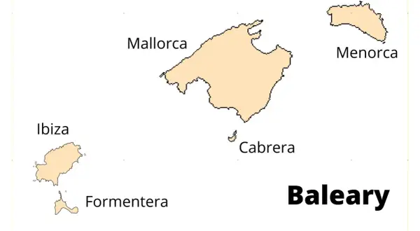 Baleary: jakie wyspy? Mapa pokazuje Majorkę, Minorkę, Ibizę, Formenterę i Cabrerę.