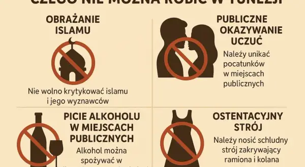 Rzeczy zakazane w Tunezji: obrażanie islamu, publiczne okazywanie uczuć, picie alkoholu w miejscach publicznych, ostentacyjny strój.