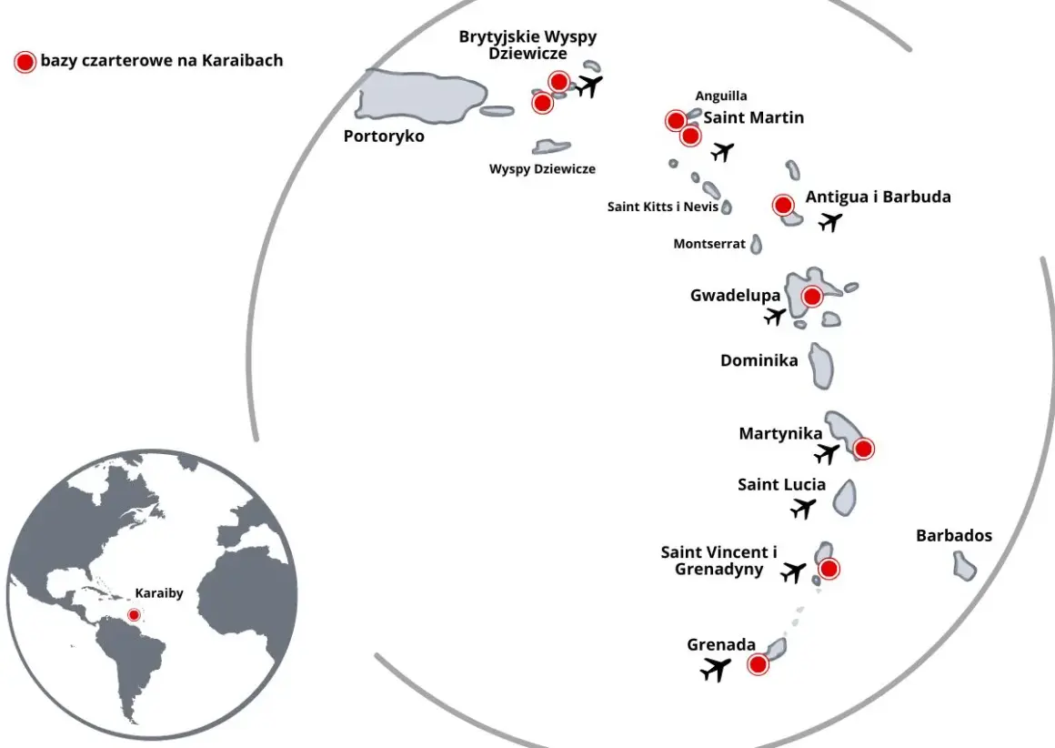 Mapa pokazuje, gdzie leżą Karaiby, zaznaczając bazy czarterowe na wyspach takich jak Saint Martin, Gwadelupa i Grenada.