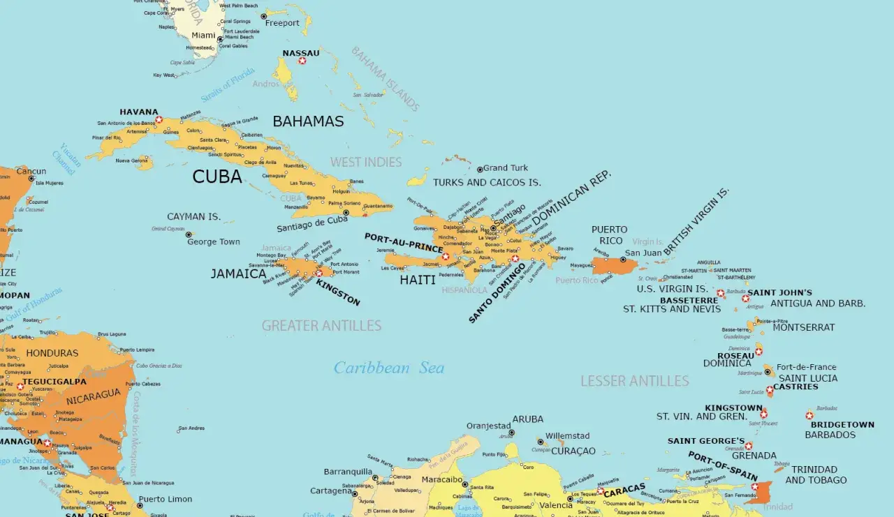 Karaiby, gdzie leżą? Mapa pokazuje wyspy na Morzu Karaibskim, od Kuby po Trynidad i Tobago.