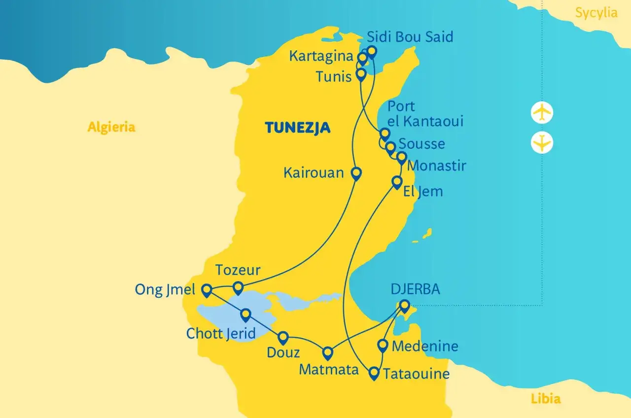 Mapa Tunezji z zaznaczonymi miastami. Djerba leży na południowym wschodzie, blisko Libii.