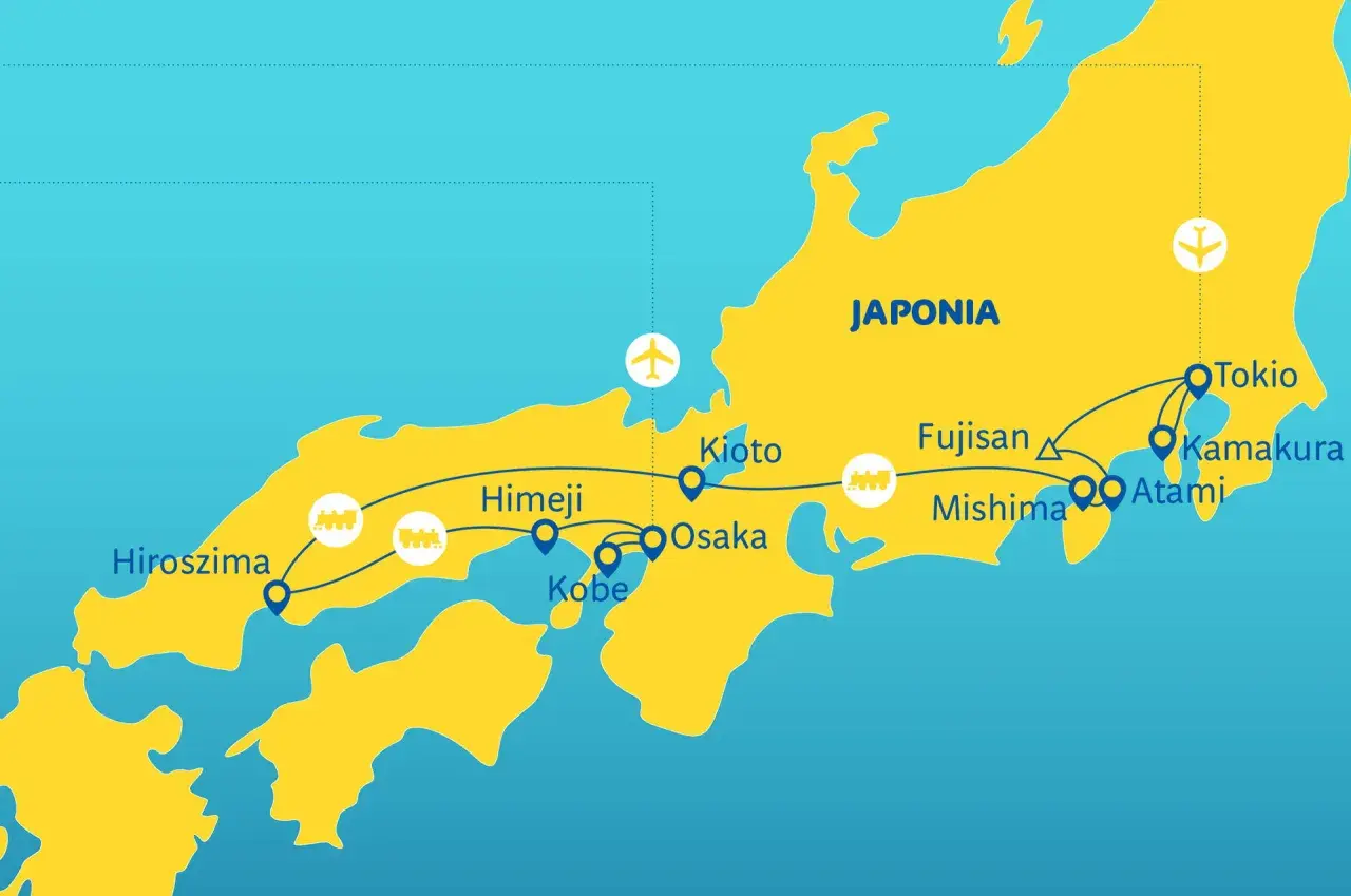 Trasa wycieczki Japonia Itaka: Tokio, Kamakura, Atami, Mishima, Fudżisan, Kioto, Osaka, Himeji, Kobe, Hiroszima.